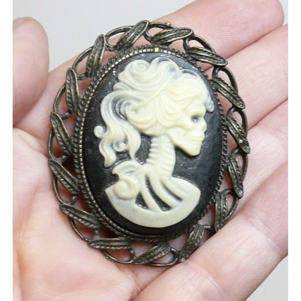 Gothic Lady Skull Cameo 2.25" Pin or Pendant Halloween Skeleton Steampunk Horror